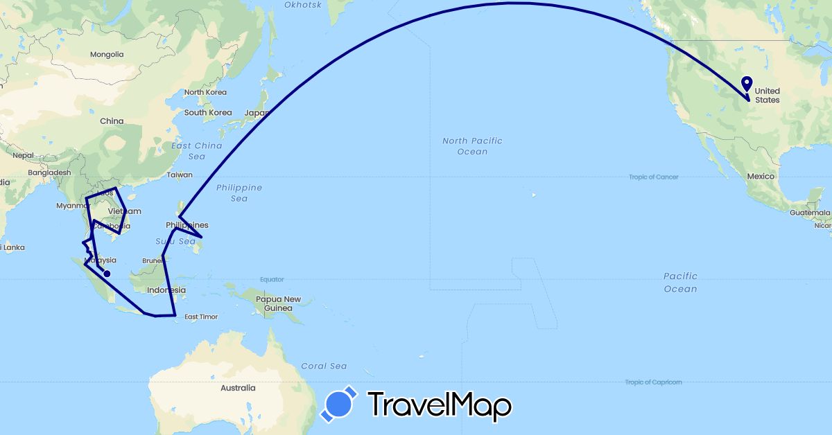 TravelMap itinerary: driving in Indonesia, Malaysia, Philippines, Singapore, Thailand, United States, Vietnam (Asia, North America)